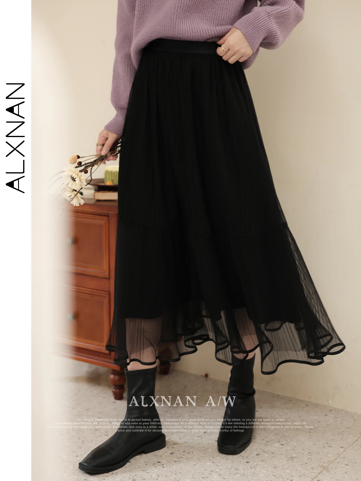 ALXNAN Tulle Tiered Skirts for Women 2024 Summer A-line Midi Pleated New Solid Elegant Versatile Beautiful Mesh Skirt LXN31895