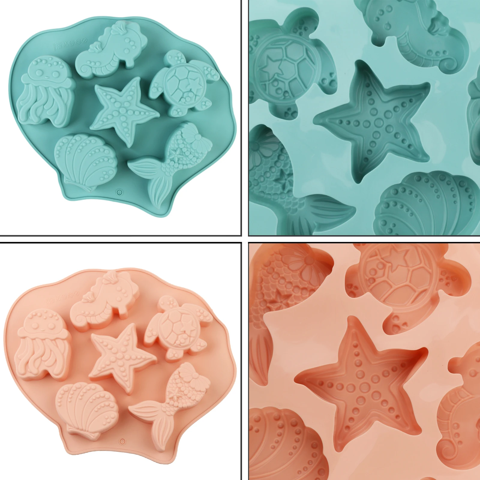 1 Stück Silikon-Backform Rosa/Blau 3D Seepferdchen Schildkröte Seestern Fisch Muschel Meerjungfrauenschwanz Tierkuchenform für Schokoladenkuchen – Detail 4