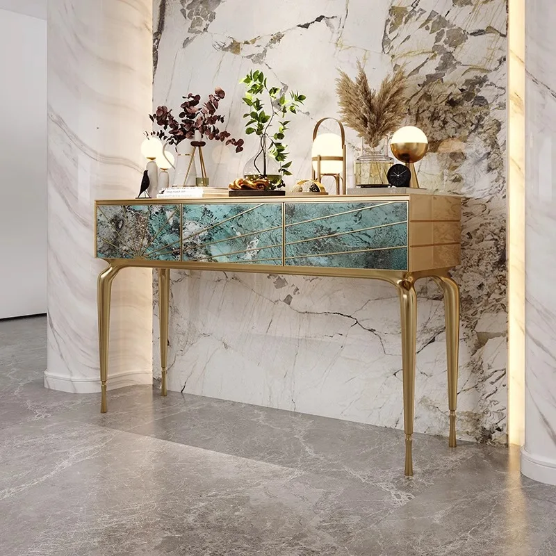 Light luxury entrance table, senior sense designer, facing the door entrance cabinet, Amazon green luxury stone entrance table