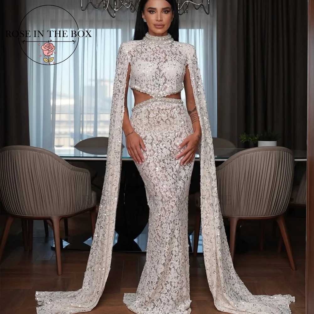

ROSEINTHEBOX Customized Sequin Lace Mermaid High Neck Crystals Evening Dresses Cape Sleeves Cut-Out Waist Elegant Party Dresses