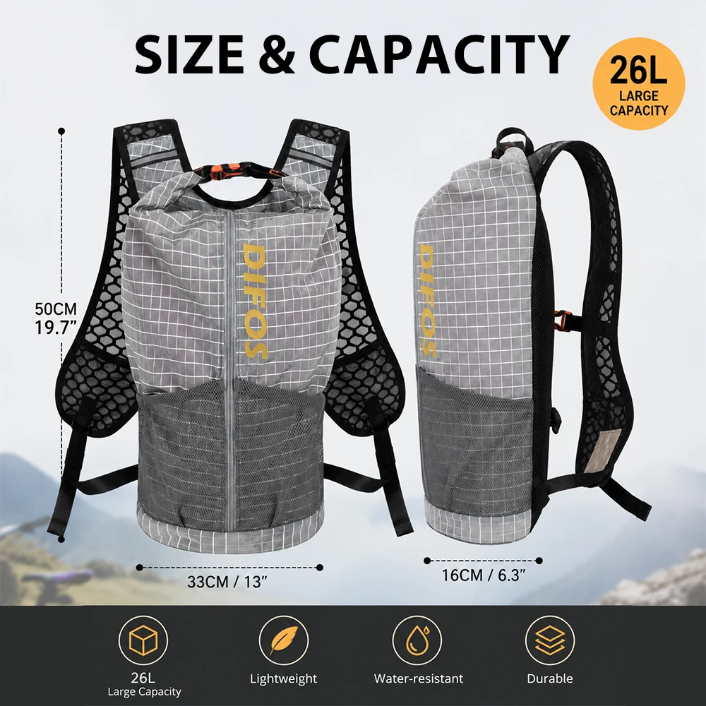DIFOS Unisex Sport Bag 26L Large Capacity Adjustable Cycling Backpack w/ Strap Small Bag Front Big Pocket Breathable Fashionable