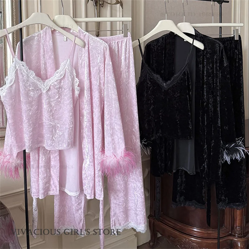 

Female Velvet 3PCS Pajamas Set Sexy Lace Feather Robe Trouser Pijamas Suit Homewear Elegant Loose Velour Loungewear Pyjama Femme