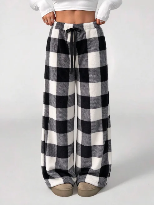 Damen, braune, karierte, flauschige Hose mit weitem Bein, Kordelzug, elastischer Bund, Buffalo-Karomuster, Flanellhose, warm, locker geschnitten, lässig, für den Hausgebrauch, Unterteil. – Detail 3