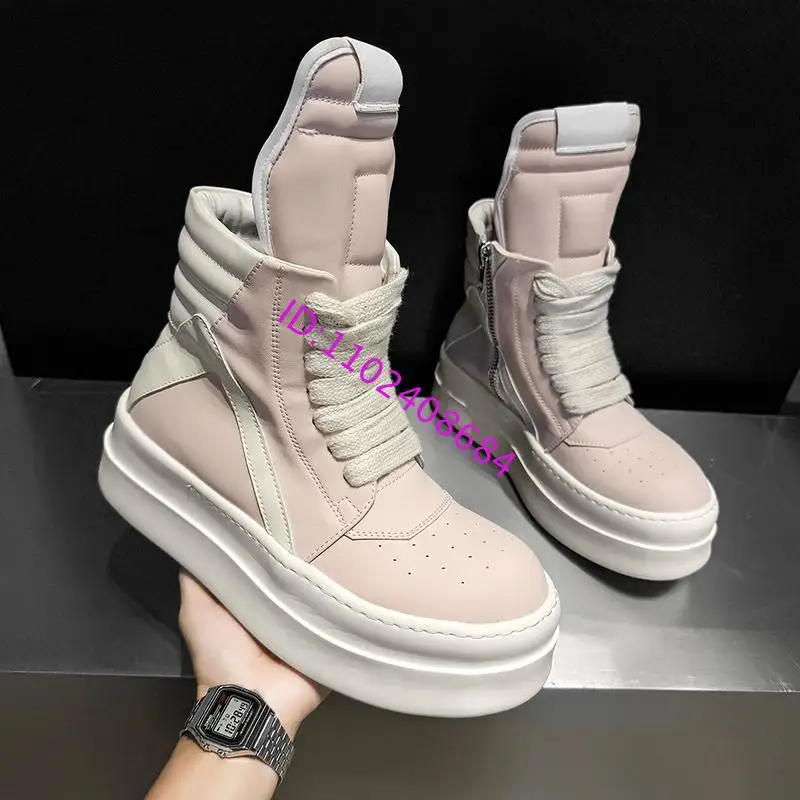 

Design Black White Double-Layer Thick Sole High-Top Boots Same Gender Couple Genuine Leather Inner Hidden Heel Ankle Boots