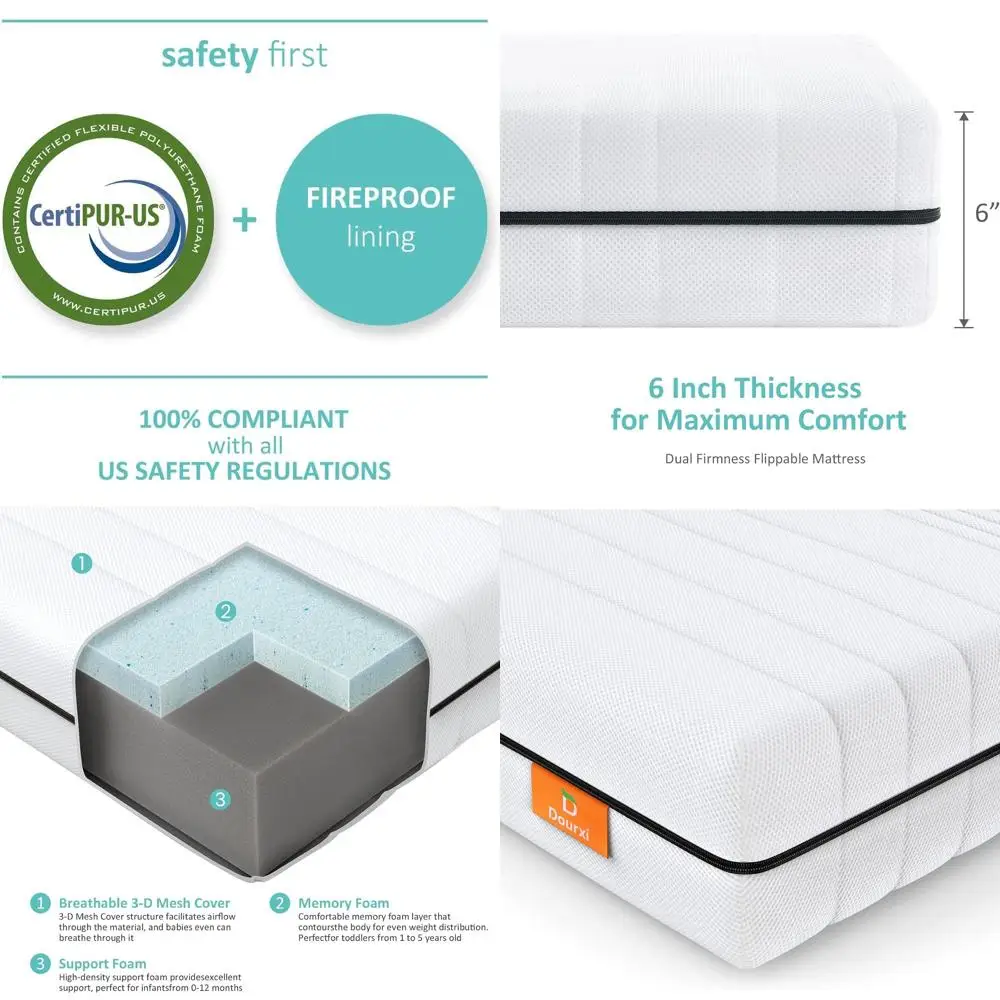 

Двусторонний комфортный матрас из пены с эффектом памяти для детской кроватки и кроватки для малышей с моющимся 3D-сетчатым чехлом, полноразмерный, 52x27.5x6 дюймов