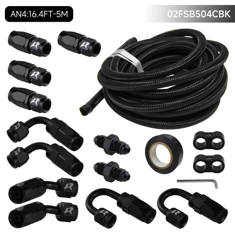 Universal 16.4FT 5M AN4 Nylon/ Stainless Steel Braided Fuel Line + AN4 Hose End Fitting Kit Black/Silver For civic