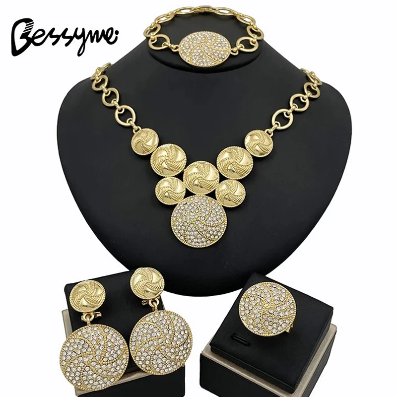 

18K Gold Plated Jewelry Set For Women Luxury Design Bohemian Style Necklace Earrings Ring Bracelet 4PCS B455anquet Party Jewelry