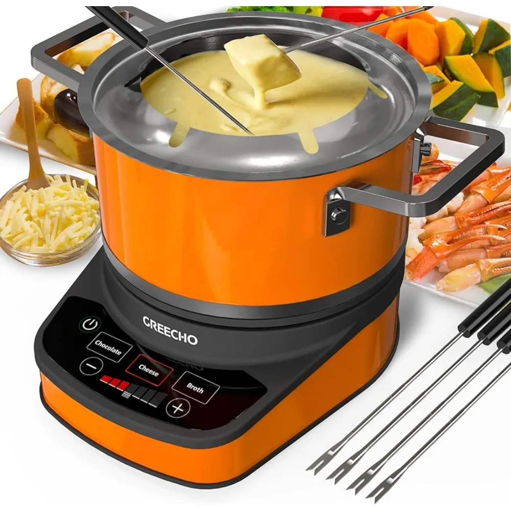 GREECHO  Pot with 3 Preset Mode ,  1200W Pot Set with Separated Fondue Pot & 6 Color-Coded Forks, Orange