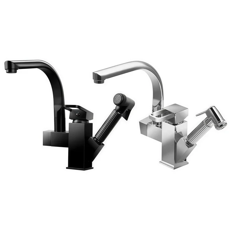 Kitchen Sink Faucet Black Pull Out Washbasin Faucet With Spray Gun Hot Cold Wate Mixer Tap Deck Mounted Bathroom Accessories