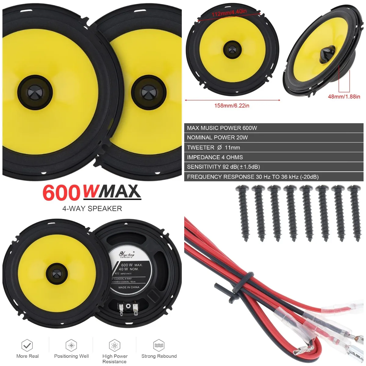 

2pcs 6 Inch Car Speaker, Full Range, Heavy Mid-Bass, Ultra-Thin, Non-Destructive Install