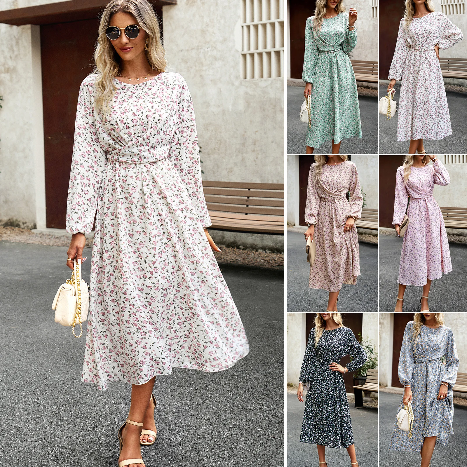 

Fashion Women Dress Autumn Winter Floral Long Sleeve Slim Female Dresses Casual Office Lady O Neck Long Dress Streetwear