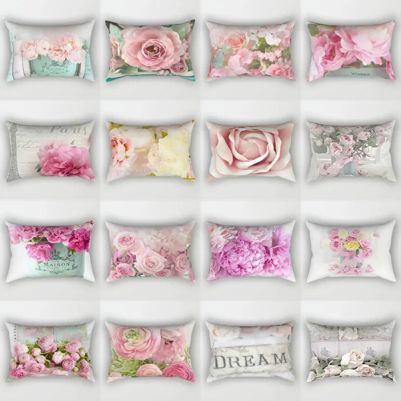 Funda de almohada de poliéster con flores rosas, funda de cojín para sofá, silla, cintura, habitación de niña romántica, estética, decoración del