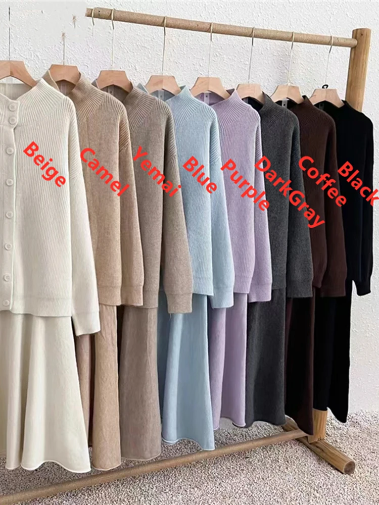 Colorfaith WS6611JX 2024 Oversized Knitted Sets 2 Pieces Korean Fashion Cardigans With Long Skirts Spring Autumn Women Suits