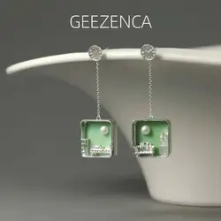 GEEZENCA Natural Pearl 925 Silver Cat Dangle Earrings For Women Green Black Glass Square Chic Unique Earring 2024 New Party Gift