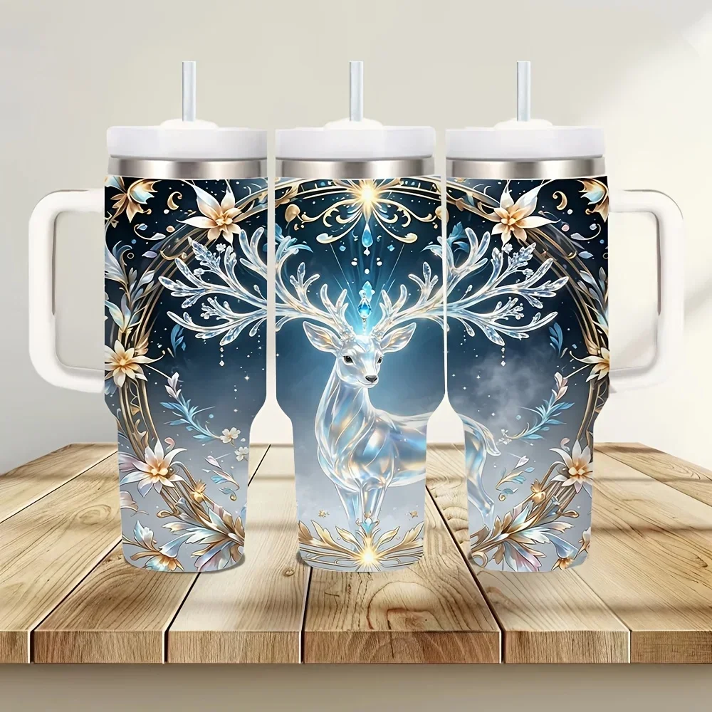 40Oz Insulated Tumbler with Handle, Large Capacity, Elegant Shining Crystal Deer Pattern Print, Suitable for All People, Ideal for Travel Office Outdoor Daily Use, Keeps Your Drinks Hot Or Cold