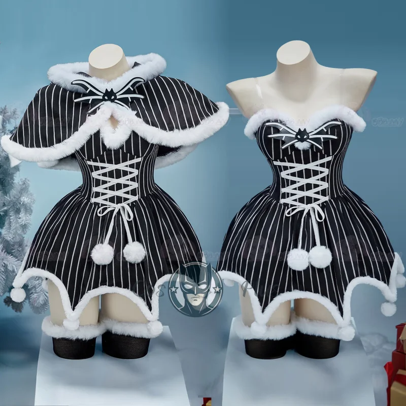 

Джек Хэллоуин Череп Костюмы Косплей Костюм Готическое полосатое платье с плащом и рукавами Рождественские наряды Карнавальный комплект для вечеринки