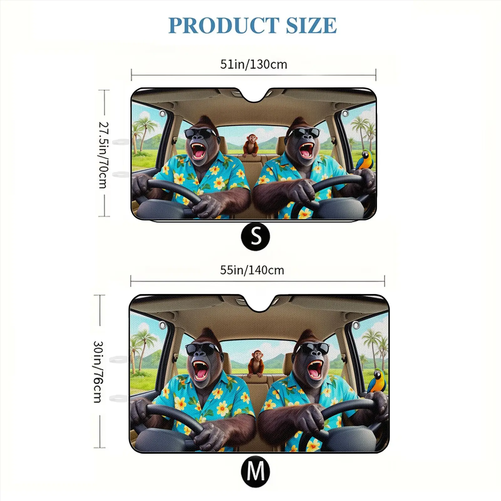 Car Sun Shade For Front Windshield Blue Gorilla In Hawaiian Shirt With Monkey And Parrot On Tropical Background For Car Interior