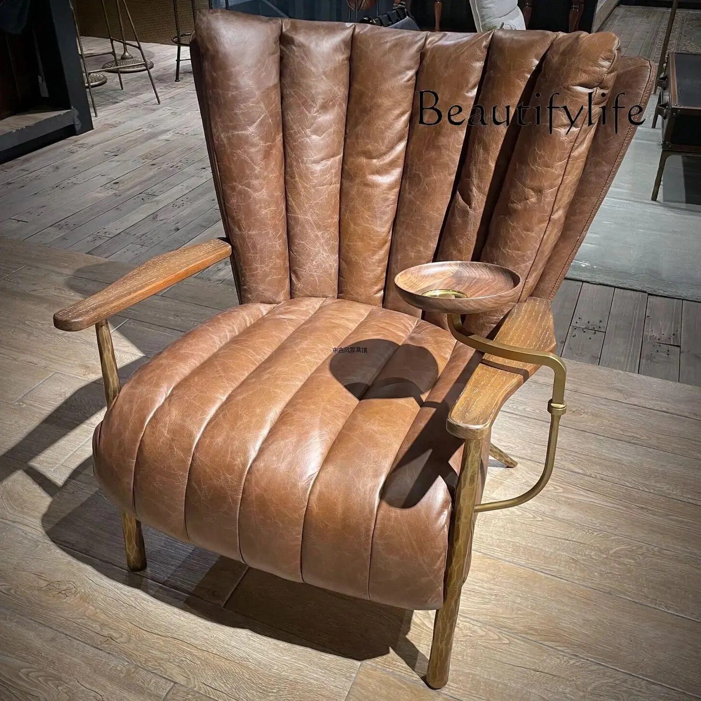 

Medieval single sofa chair living room household hand-forged retro wind oil wax leather leisure chair