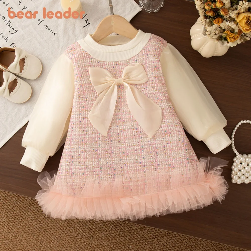 

Bear Leader Korean Version Girl's New Year Dresses Sweet Cute Baby Clothes Autumn Long Sleeves Bow Mesh Splicing Princess Dress