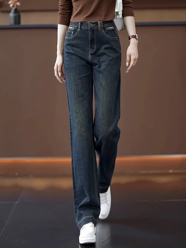 

Deep Blue High Waist Straight Leg Denim Jeans Women's Spring Autumn Loose Slimming Retro Narrow Version Wide Leg Pants