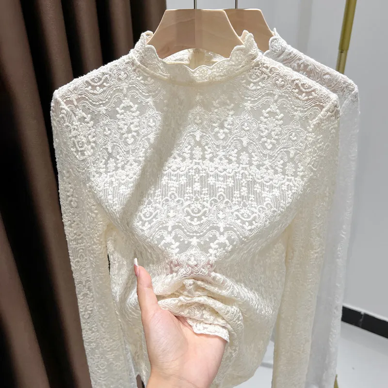 

Pure Color Lace Stand Collar Base Shirt Sweater Inner Wear High End Lace Top Sensation Korean Style Slim Fit Long Sleeve Zipper