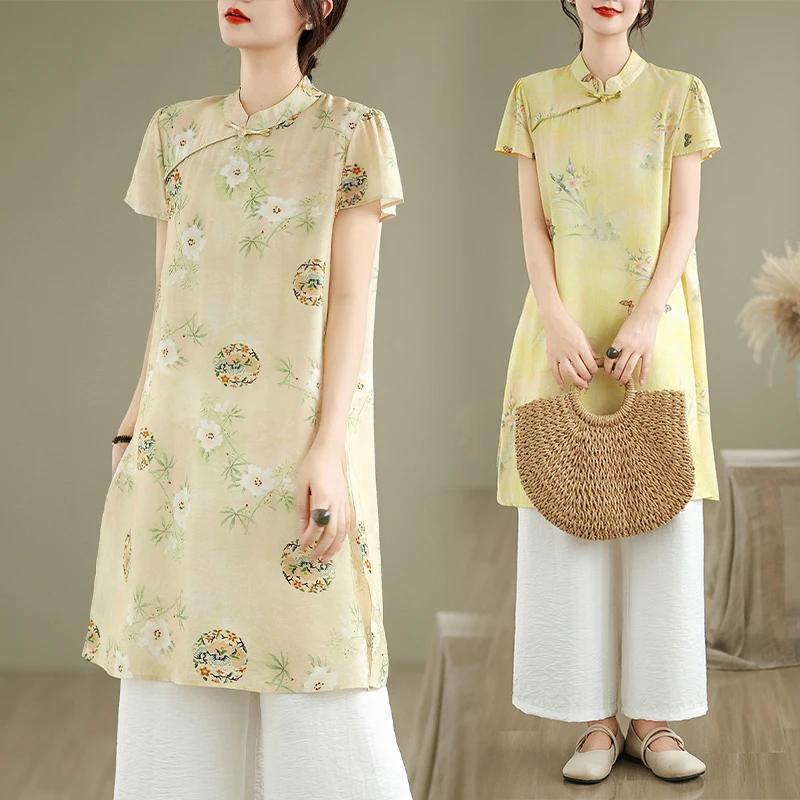 Nouveau chinois Sle imprimé mince ort Sve femmes irt été 2025 saisonnier Faion National tendance ensemble t-shirt haut