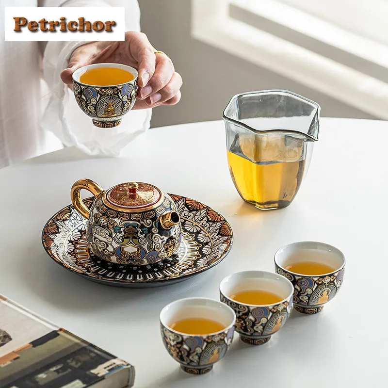 150ml Thangka Gold And Silver Cinnabar Xishi Teapot Aesthetic Tea Infuser Pot Tea Making Kettle With Strainer Teaset Craft Set