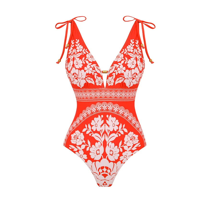 Flaxmaker Women Lily Contrast Print Fabric Patchwork Swimsuit and Skirt Ladies Sexy V Neck Bow-detailed Red Printed Bodysuit