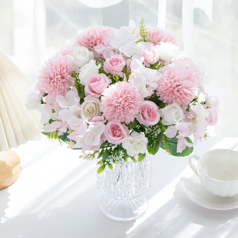 Seidenrosen-Chrysanthemen-Brautstrauß Künstliche Blumen Hochzeit Büro Dekorative Ornamente Festival-Kranz Zubehör DIY Geschenke – Detail 9