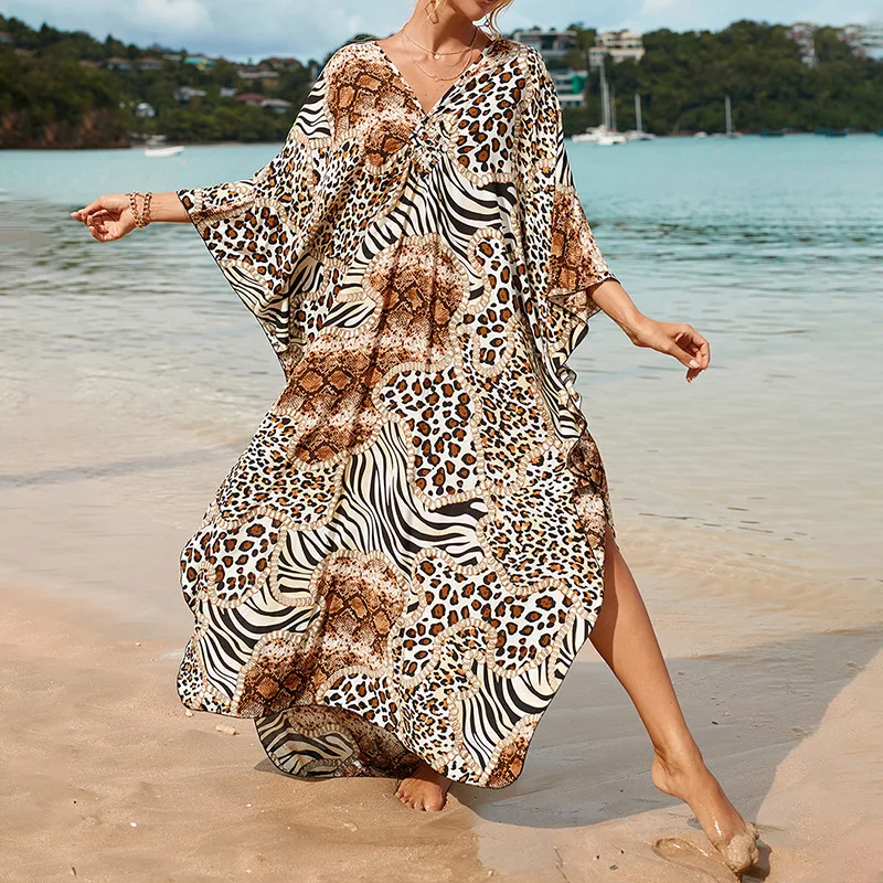 Copricostume da spiaggia a righe zebrate con stampa animalier da donna Abito lungo da spiaggia chic 2025 Copricostume da bagno alla moda