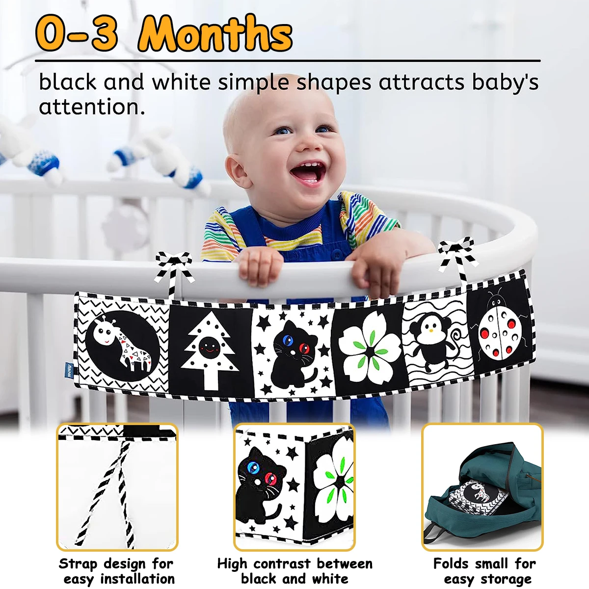 Baby Cloth Book Black and White High Contrast Sensory Toys Early Education Toddlers Sensory Activity Fabric Book for Babies