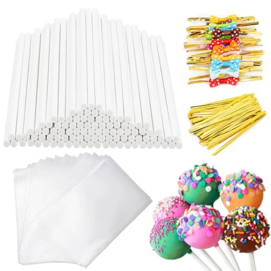 

320Pcs Cake Pop Sticks and Wrappe Kit 6ih Lollipop Sticks with Cake Pop Bags and Metallic Twist Ties Bow Perfect for Making Lo