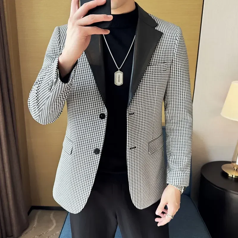 Autumn and winter new style of Thousand Bird plaid patchwork leather single breasted and double breasted suit fashionable jacket