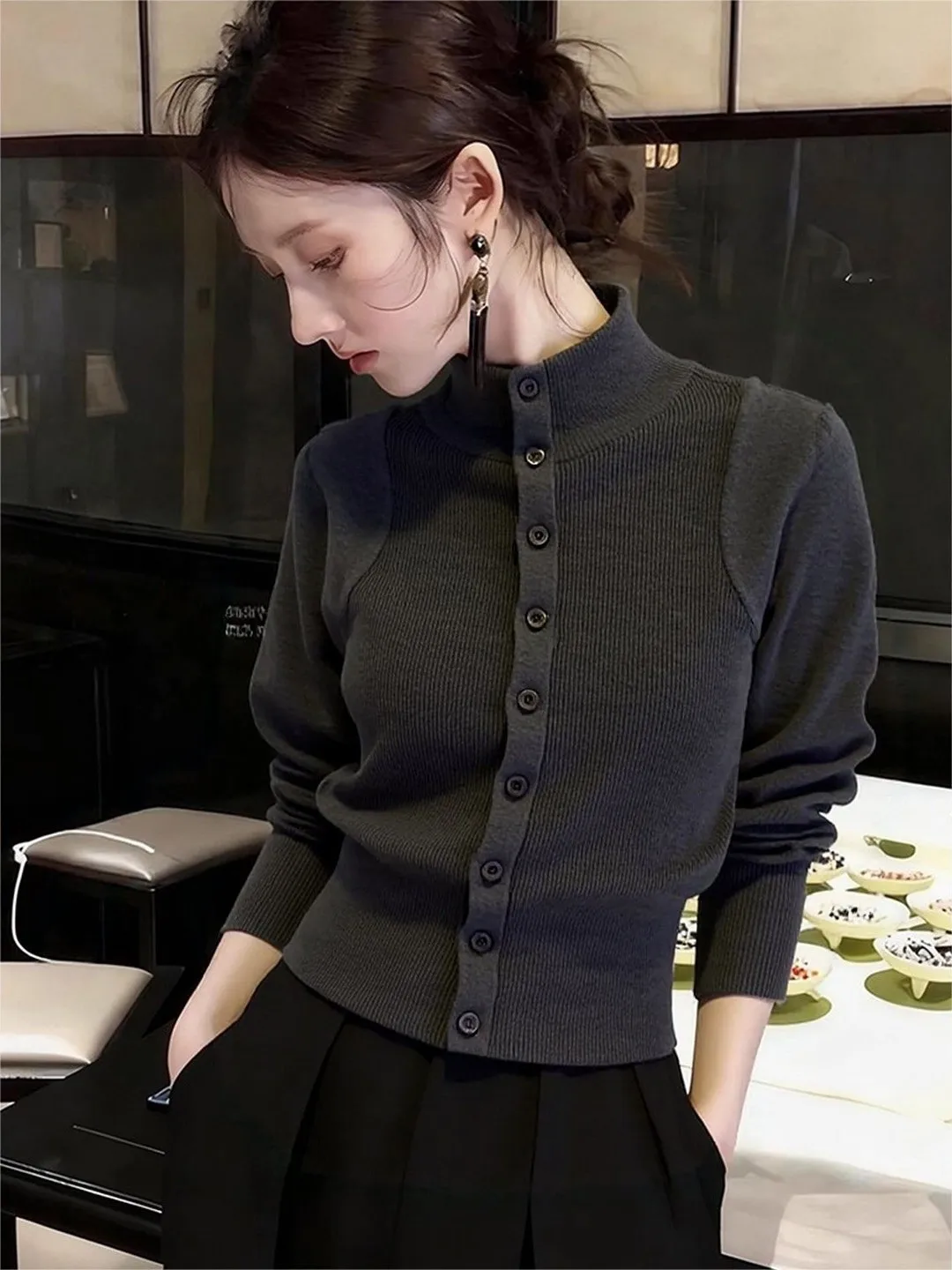 

Oule High Neck Color Block Knitted Sweater Coat Women's Autumn Winter Warmth Fashion Commute Style Long Sleeve Button up Top