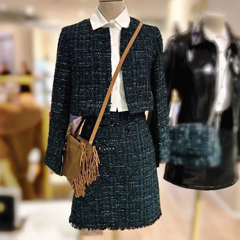 

24 Autumnnew in Matching Sets,Two Piece Dress Set, Elegant and Fashionable,coarse Tweed Contrasting Color Patchwork Shirt Collar