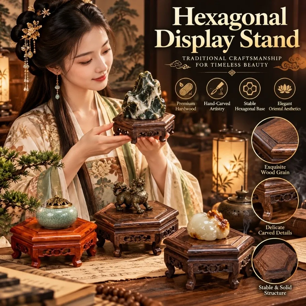 Solid Wood Display Base Rack Hand Carved Bonsai Stand Hexagon Wood Base Teapot Stand Plant Pot Stand Wooden Display Stand