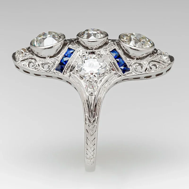 Huitan Gorgeous Wide Rings for Women Unique Design Blue/Green CZ Hollow Rings Vintage Accessories Daily Wear Party Lady Jewelry