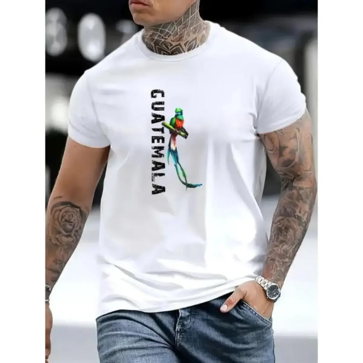 Motion Range Guatemala-Inspired Graphic Tee - Soft, Breathable Polyester, Round Neck, Regular Fit, Casual Summer Streetwear Shirt for Men - Vibrant Bird Print, Comfortable Wear Made In USA