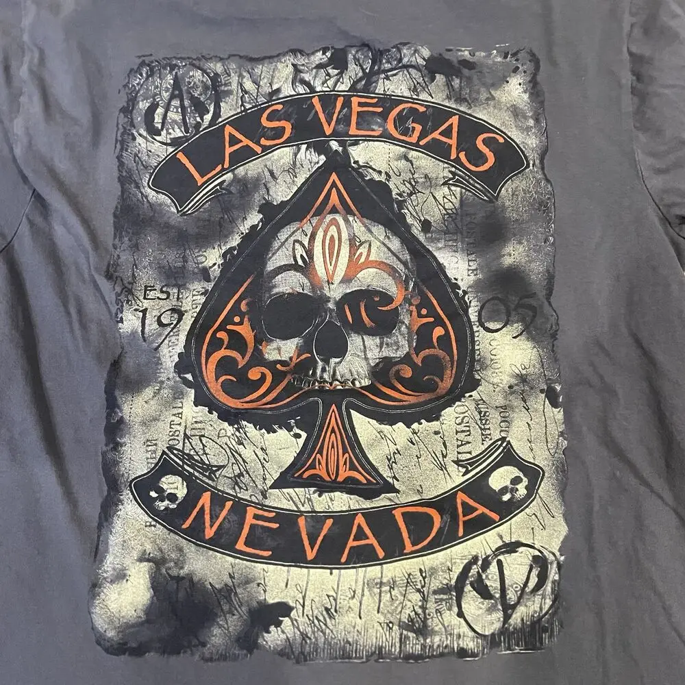 Vintage Y2K Las Vegas Nevada Grunge Skull Graphic T-Shirt Size M Medium Gray