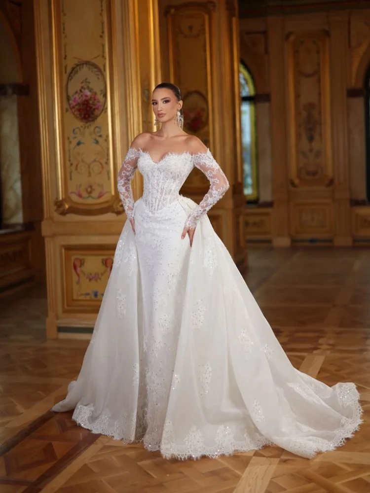 Custom Vestido De Novia Off Shoulder Long Sleeve Lace Mermaid Wedding Dress Detachable Tulle Sparkly Court Train Bridal Gown
