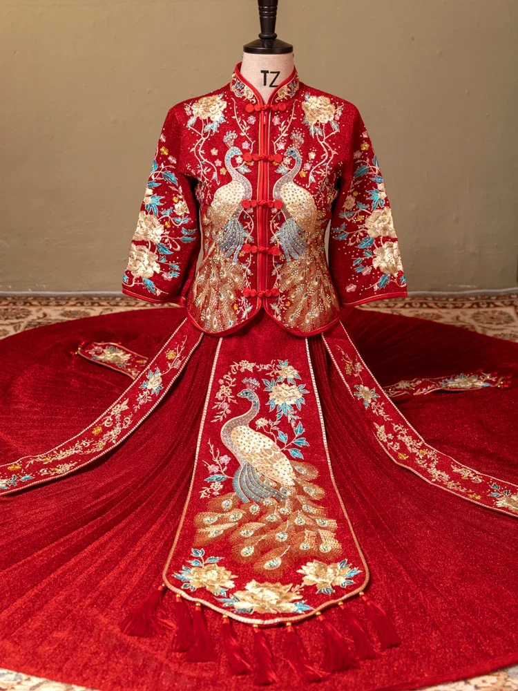 Dress Women's Exquisite Gold Thread Embroidery Casual Bridal Retro Chinese WeddingDress Spring and Summer Long Cheongsam Red 1Pc