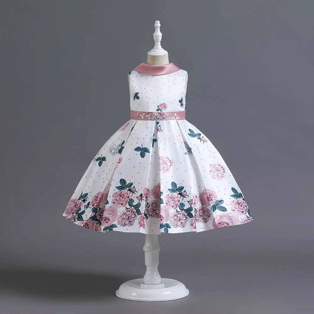 

Kid Sleeveless Polka Dot Floral Print Dress with Contrasting Collar Waistband Pleated A - Line Skirt Children Girl Party Gown