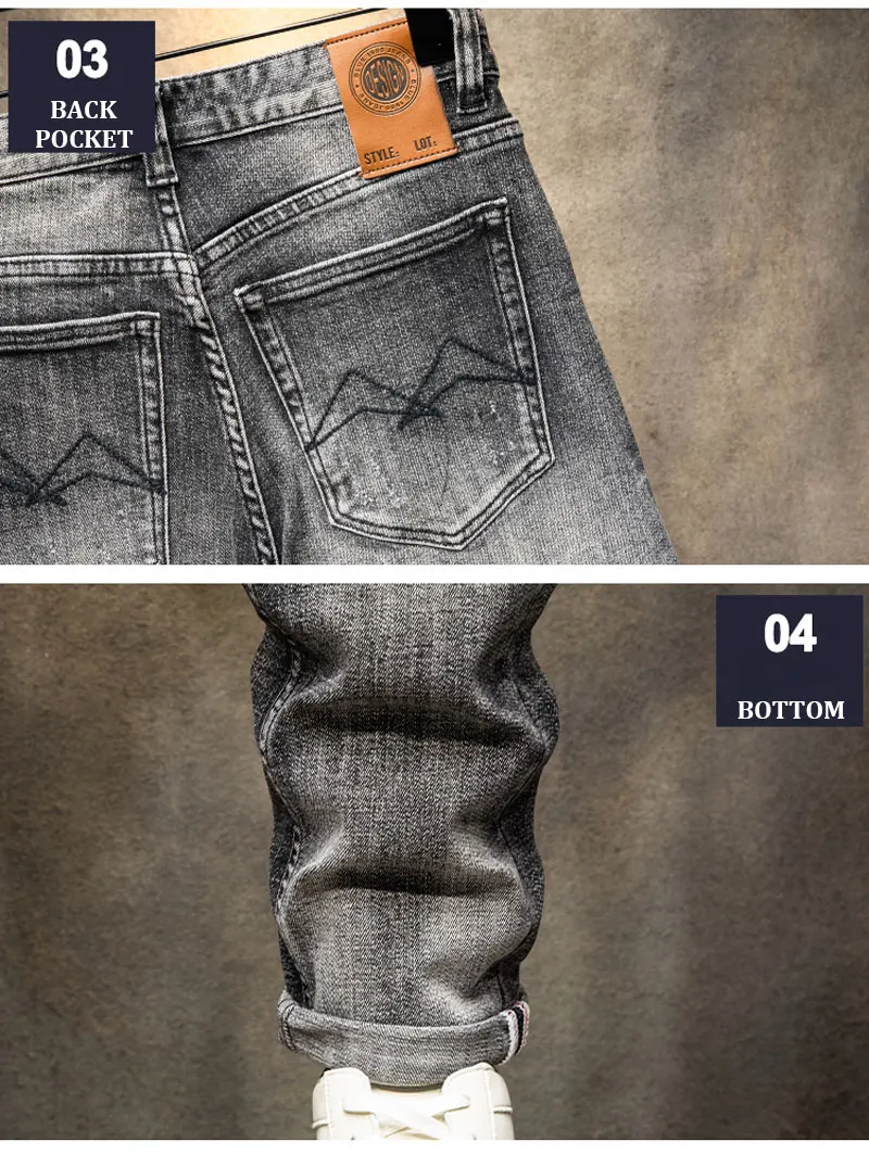 Jeans de fenda Slim Fit elástico retrô de alta qualidade masculino, calça jeans cinza escuro, designer de moda