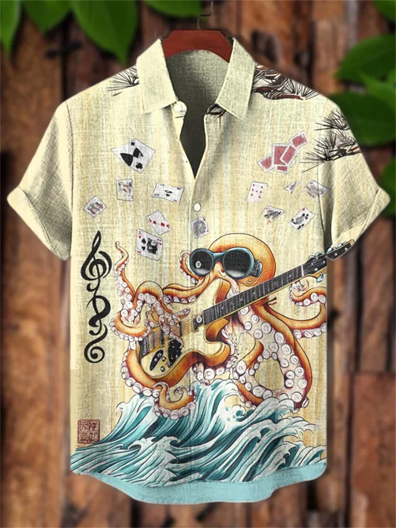 クラゲ柄の3Dプリントメンズリネン半袖シャツ、カジュアルなルーズフィットの半袖ボタンアップシャツトップ