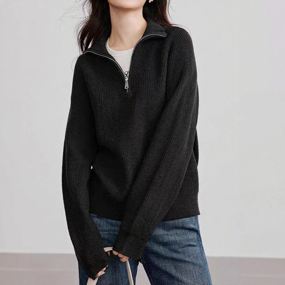 

Women's Autumn Sweater K-Fashion Plain Zipper Long Sleeve Lapel Regular Fit Casual Top for
