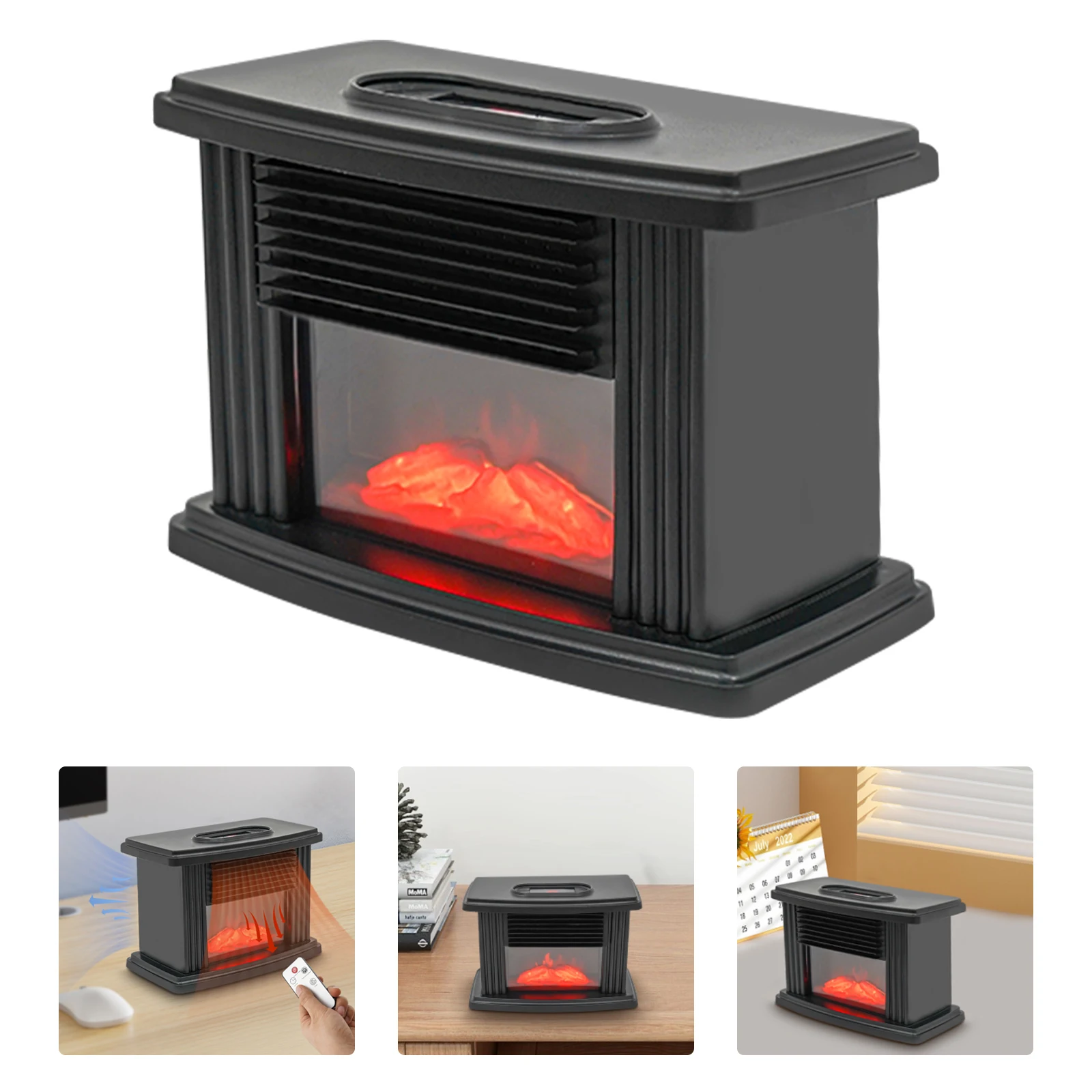 1000W Portable Mini Electric Fireplace Vertical Space Heater Electric Fireplace Air Heating w/ Dimmable Flame Effect Black