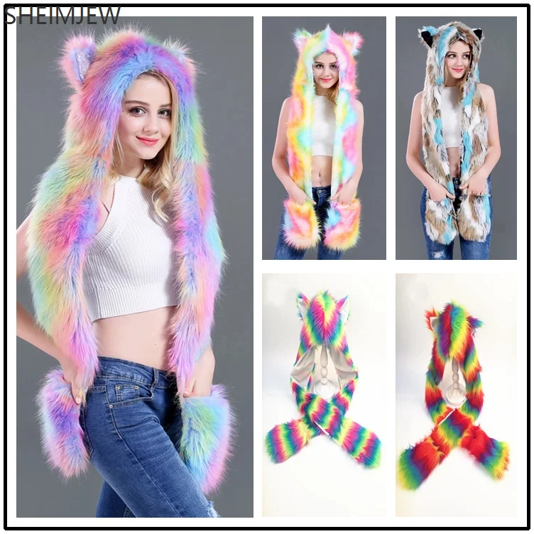

Faux Fur Hooded Animal Hat Earmuffs Hand Pockets Three-in-one Cartoon Hat Plush Warm Earmuffs Colorful Unicorn Scarf Gloves 2025