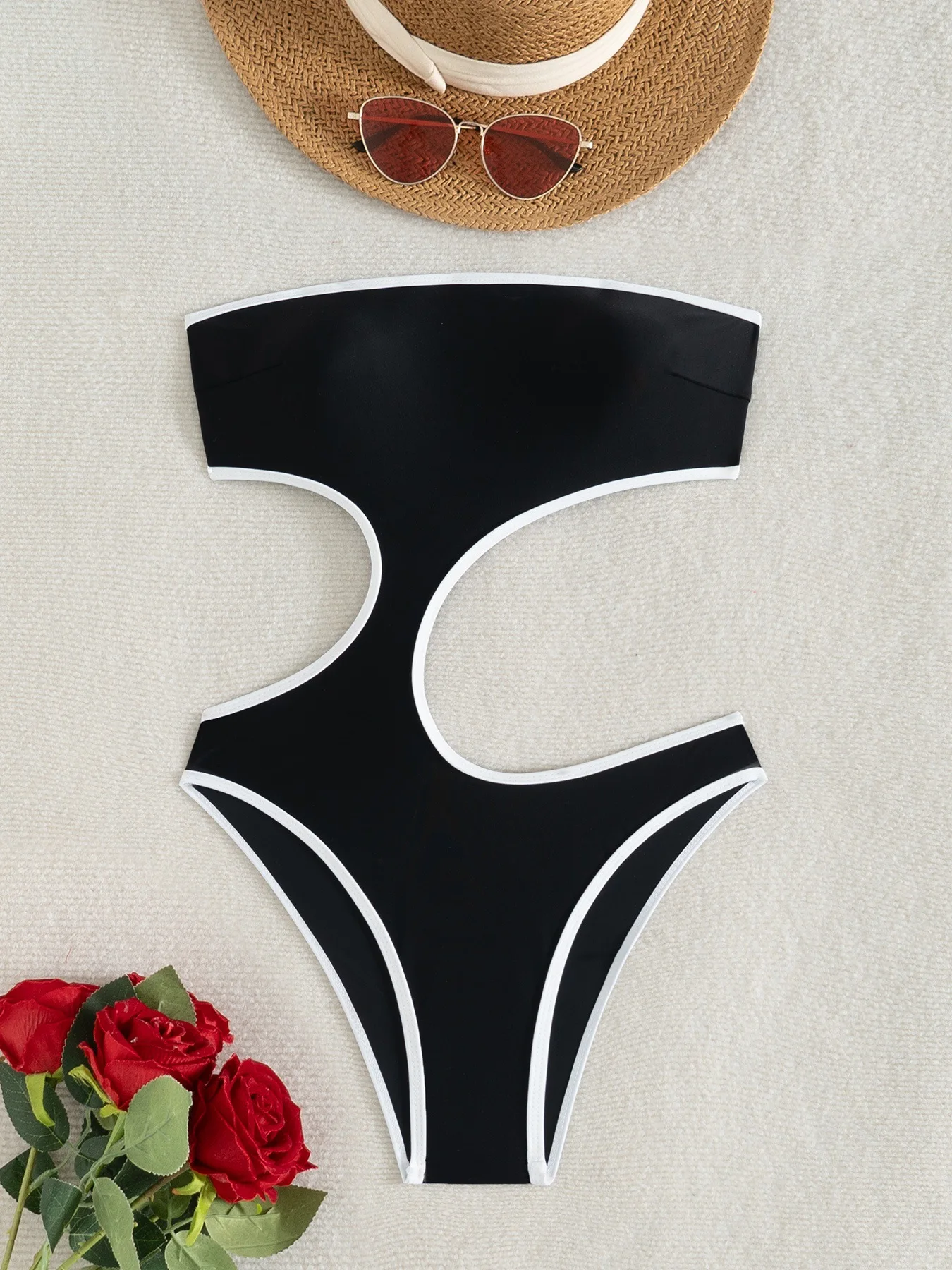 

sexy black white patchwork swimsuits one piece bandeau bikinis bodysuits irregular Swimwear Biquini conjunto de bikini tankini