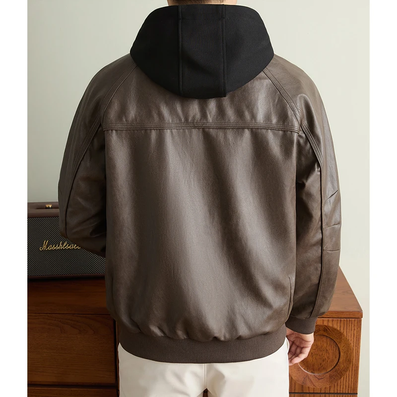 Mens PU Coated Hooded Jacket Zip Front Long Sleeve Casual Bomber Coat with Ribbed Cuffs and Pockets for Autumn Everyday Wear