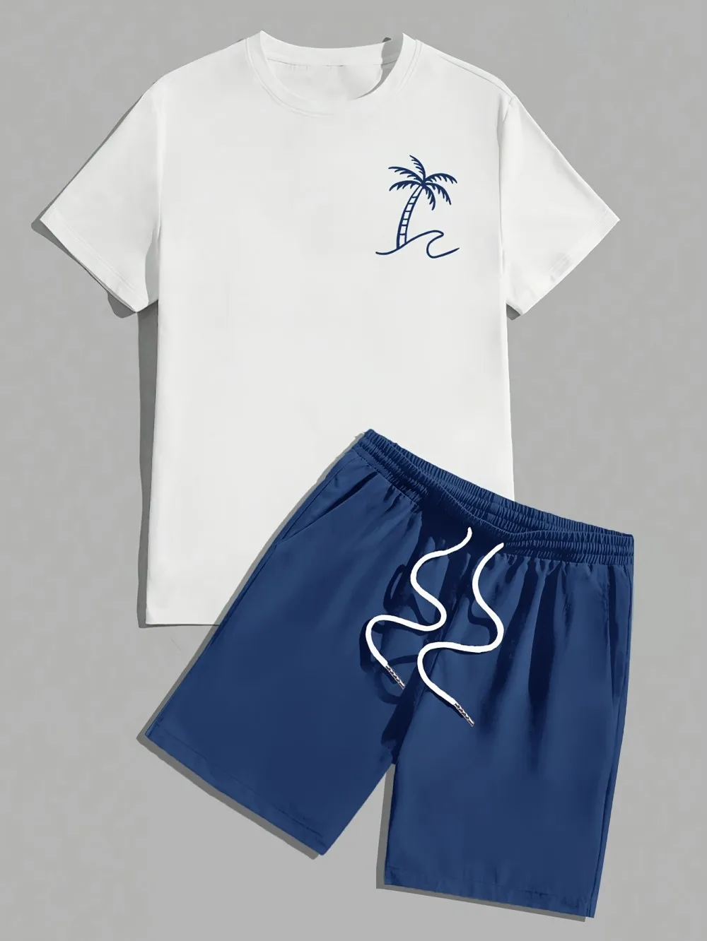 

Hot selling men's summer coconut tree print comfortable and breathable round neck T-shirt shorts set outdoor vacation suit